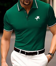 halpa -Men's Polo Shirt Golf Shirt Casual Holiday Lapel Short Sleeve Fashion Basic Color Block Horse Patchwork Embroidery Summer Regular Fit Black Red Green Polo Shirt