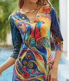 abordables -Robe Mini Femme Robe Petite Robe T-Shirt Robe Tee Robe Évasée Robe d'été Bohème Vintage Boho Vacances Décontractée Quotidienne Coupe Régulière Peinture à l'huile Manches Mi-Longues Col V Bleu Royal