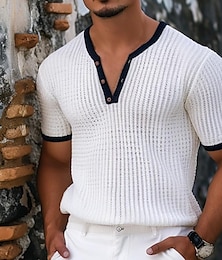 abordables -Hombre Camisa henley gofrada Camiseta superior Color sólido Henley Exterior Casual Manga Corta Botón Ropa Moda Design Cómodo
