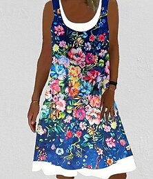 economico -Per donna Plus Size Curva Abito casual Pop art Vestito longuette Senza maniche Stondata Di tendenza Da mare Blu Estate XL 2XL 3XL 4XL 5XL