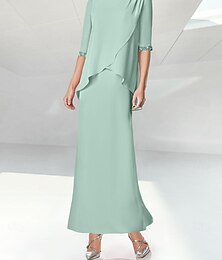 voordelige -Strand Bruiloft Sheath Moeder van de Bruid Jurk Elegante Edelsteen Hals Vloer Lengte Chiffon Halve Mouw met Pailletten Ruches 2025 gratis op maat gemaakt