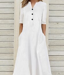 baratos -Mulheres Vestido branco Vestido de linho Vestido de algodão branco Vestido Longo Botão Bolsos Casual Diário Pescoço Dividido Meia Manga Verão Primavera Preto Branco Tecido