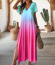 billiga -Dam Bomull Skiftklänning Solklänning Nyans Färggradient Mönster V-hals Maxiklänning Tropisk Stylish Semester Kortärmad Sommar