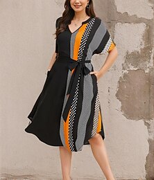 cheap -Women's Black Dress Geometric Polka Dot Tie Front Notched Mini Dress Spring