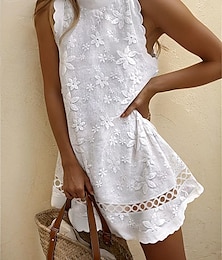 economico -abito da donna in pizzo floreale bianco senza maniche con volant lungo fino al ginocchio casual estivo da festa in giardino semi-formale tessuto traspirante varie taglie