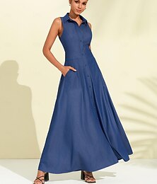 cheap -Women's Indigo Lapel Button Up Sleeveless Maxi Dress
