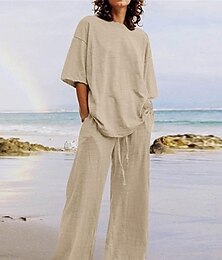 economico -Completo da donna in cotone e lino, due pezzi, basic, tinta unita, con tasche, elastico in vita, maglietta, pantaloni, stile urbano, quotidiano, manica lunga, girocollo, nero, bianco, blu navy, marrone chiaro, blu, estate, primavera.