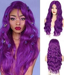 halpa -kastanjanruskea blondi violetti vihreä sininen peruukki pitkät aaltoilevat peruukit naisille keskiosa cosplay peruukit pitkät kiharat synteettiset peruukit violetit peruukit naisille