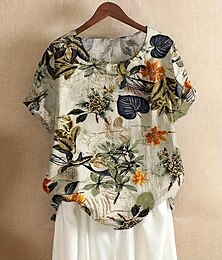 abordables -Mujer Talla Grande Camiseta Hoja Flor Diario Casual Manga Corta Cuello Barco Diario Estampado Beige Todas las Temporadas
