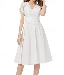 cheap -Women's Lace Patchwork Vintage Dress Midi Dress Elegant Plain V Neck Short Sleeve White