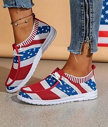 cheap -Women's Sneakers Flats Slip-Ons Plus Size Flyknit Shoes Daily American Flag Flat Heel Round Toe Casual Preppy Walking Cloth Loafer Red