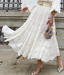 abordables -Mujer Falda Línea A Columpio Maxi Faldas Encaje Color sólido Casual Diario Fin de semana Verano Algodón Elegante Moda Blanco