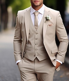 preiswerte -Khakifarbener Herren-Hochzeitsanzug, einfarbig, dreiteilig, für den täglichen Gebrauch, Übergröße, einreihig, zwei Knöpfe, 2024