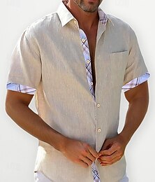 preiswerte -Herren leinenhemd Lässiges Hemd Sommerhemd Strandhemd Weiß Blau Grün Kurzarm Glatt Kargen Frühling Sommer Hawaiianisch Festtage Bekleidung Vordertasche