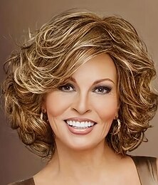 Χαμηλού Κόστους -highlight καφέ shor bob περούκες για σγουρά μαλλιά για γυναίκες συνθετικές περούκες μαλλιών ανθεκτικές στη θερμότητα για καθημερινό πάρτι απόκριες χρήση χρυσαφένια ξανθά συνθετικά μαλλιά