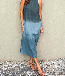 abordables -Femmes Robe Longue Maxi Robe Robe maxi Robes inspirées du lin Robe en coton et lin Robe d'Été Robe d'été en coton Élégant Vacances Quotidien Date Coupe régulière A Ombre Manche Courte Col ras du cou