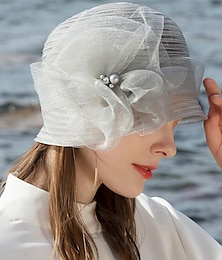 זול -כובעים סיבי דלי כובע כובע כובע שמש כובע שמש מסיבת תה חתונה חתונה אלגנטית עם פנינים פרחוניות כיסוי ראש