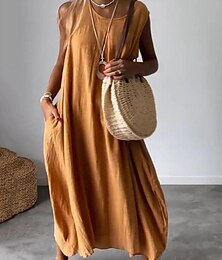 cheap -Women's Linen Dress Tank Dress Cotton Summer Dress Maxi Dress Pocket Daily Vacation Crew Neck Sleeveless Summer Spring Black Yellow Plain