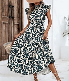 Χαμηλού Κόστους -Γυναικεία Φορέματα σιφόν Φλοράλ Με Βολάν Στρογγυλή Ψηλή Λαιμόκοψη Φουσκωτό Μανίκι Μίντι φόρεμα Καθημερινό Κοντομάνικο Καλοκαίρι Άνοιξη