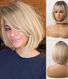 economico -parrucche bob per le donne caschetto corto yaki parrucche con la frangetta parrucche caschetto corto parrucche bob bionde aspetto realistico parrucche sintetiche bionda marrone nero aubrun marrone