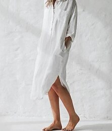preiswerte -Damen Leinenkleid blusenkleid Weißes Baumwollkleid Midikleid Taste Tasche Täglich Hemdkragen Langarm Sommer Frühling Weiß Blau Glatt