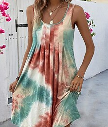 cheap -Women's Tank Dress Tie Dye Shift Dress Pleated U Neck Mini Dress Stylish Boho Vacation Beach Sleeveless Summer