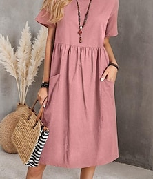 preiswerte -Damen Leinenkleid Sommerkleid aus Baumwolle Midikleid Tasche Täglich Rundhalsausschnitt Kurzarm Sommer Frühling Rosa Marineblau Glatt