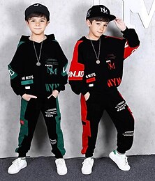 cheap -2 Pieces Toddler Boys Hoodie & Pants Outfit Letter Long Sleeve Cotton Set Outdoor Fashion Daily Winter Fall 3-7 Years Green Red