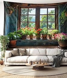 preiswerte -Fensteransicht hängen Wandteppich Wandkunst große Wandbild Dekor Fotografie Hintergrund Decke Vorhang Haus Schlafzimmer Wohnzimmer Dekoration Pottage Bauernhaus Cottagecore Wandtuch XXL Natur