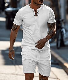 abordables -Hombre 2 Piezas Camisa henley gofrada Trajes de camiseta Chándal Manga Corta Mangas cortas Pantalones cortos Henley Verano Color sólido Dibujo Ropa de Gimnasia Casual 2 Piezas Vacaciones Ropa