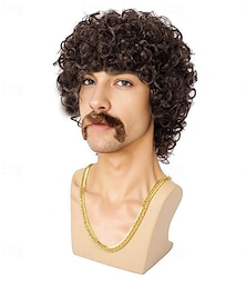abordables -Disco wig70's disfraces peluca afro peluca hombres corto rizado natural esponjoso pelo sintético peluca para halloween fiesta disco