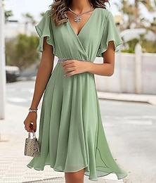 cheap -Women's Bridesmaid Dress Midi Dress Chiffon Split Thigh Wedding Party Date Elegant V Neck Short Sleeve Flounce Sleeve Pink Blue Green Color