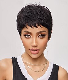 cheap -Short Pixie Cut Bob Human Hair Wigs Straight Black Brown Remy Hair for Women Natural Layered Wig with Bangs Wig