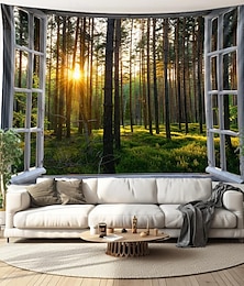 billiga -fönster skog utsikt hängande gobeläng väggkonst stor gobeläng väggmålning dekor fotografi bakgrund filt gardin hem sovrum vardagsrum dekoration