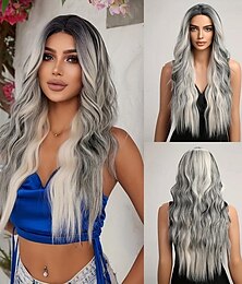 abordables -perruque vague naturelle asymétrique avec frange perruque cheveux synthétiques gris courts femme classique gris foncé 26 pouces perruque ombre longue perruque ondulée bouclée