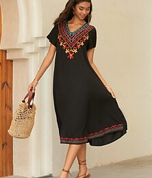 olcso -Női Hímzett Fekete ruha Midi ruha Virágos V-alakú Rövid ujjú Nyár Tavasz Fekete