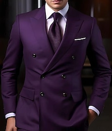 cheap -Purple Men's Wedding Suits 2 Piece Solid Colored Tailored Fit Double Breasted Six-buttons 2024