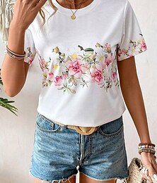 preiswerte -Damen T Shirt Blumen Täglich Wochenende Weiß Kurzarm Elegant Modisch Rundhalsausschnitt Sommer