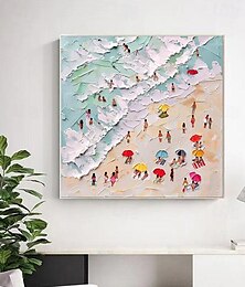 cheap -Summer Beach Oil Painting On Canvas Happy Coast Swimming Surfing Handmade Painting Texture Wall Art Abstract Summer Seaside Painting For Living Room Deocr Frame Ready To Hang