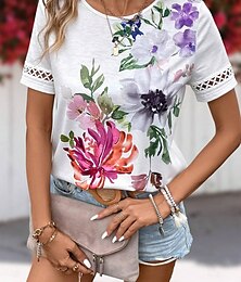 cheap -Women's T shirt Tee Floral Striped Lace Print Daily Weekend Fashion Short Sleeve Crew Neck White Summer