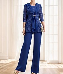 economico -Tuta  Completo Sheath 3 Pezzi Madre della Sposa Abito Elegante Vintage Festa Collo Cowl Collo Bateau Collo Gioiello Lunghezza della Gamba Intera Chiffon Pizzo Senza Maniche Manica 3/4 Manica Mezza con
