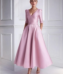 economico -Abito da ospite di matrimonio A-Line abiti cocktail matrimonio in spiaggia abito elegante formale lunghezza tè maniche corte scollatura a V in satin con abiti pocket