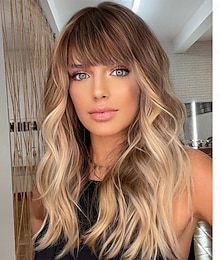 cheap -Blonde Wig with Bangs Blonde Brown Wavy Wigs for Women,Shoulder Length Curly Synthetic Hair Wig for Party Daily Use 18 inch