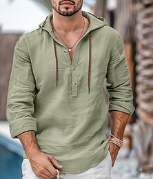 baratos -camisa masculina camisa de linho camisa de verão camisa de praia branco azul marrom manga longa simples com capuz primavera & roupas diárias casuais de verão
