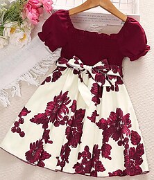 preiswerte -Kinder Mädchen Kleid Blume Kurzarm Outdoor Lässig Patchwork Mode Niedlich Polyester Über dem Knie Freizeitkleid A Linie Kleid Sommer Frühling Ab 4 Jahren Wein