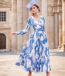 preiswerte -A-Linie Meerjungfrau Hochzeitsgastkleid Strandhochzeit elegantes Blumenmuster Vintage Party Schmuckhals V-Ausschnitt halbformell wadenlang Chiffon Stretch-Chiffon 3/4-Ärmel mit Schärpe/Band gerüscht