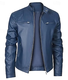 cheap -Male Faux Leather Jacket Biker Jacket Casual Daily Travel Pocket All Seasons Solid / Plain Color Leisure Sweet Standing Collar Regular Black Royal Blue Brown Khaki Jacket