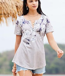 billige -Dame T-shirt Henley-skjorte Blomstret Ferie Weekend Knap Trykt mønster Hvid Kortærmet Tunika Basale Rund hals
