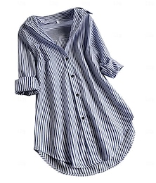 abordables -Femmes Chemise Chemises inspirées du lin Boutonner Chemisier Rayé Occasionnel manche longue Col de chemise Hauts Longs Quotidien Boutons Imprimé Noir Rose Claire Rouge bleu marine Bleu Printemps