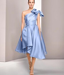 cheap -A-Line Cocktail Dresses Ruched Wedding Guest Dress Elegant Formal Wedding Tea Length Sleeveless One Shoulder Satin with Slit 2024